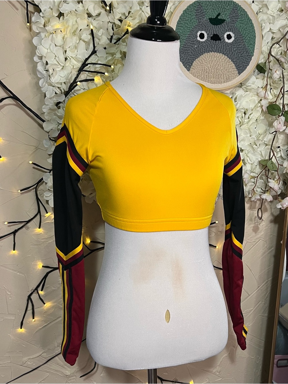 Varsity Yellow V-Neck Cropped Long-Sleeve Top with Black & Maroon Panels